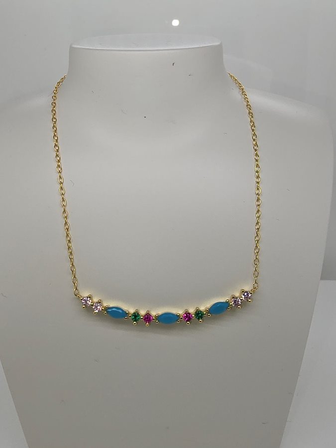 STERLING SILVER GOLD PLATED TURQUOISE AND MULTI STONE CURVE CUBIC ZIRCONIA NECKALCE