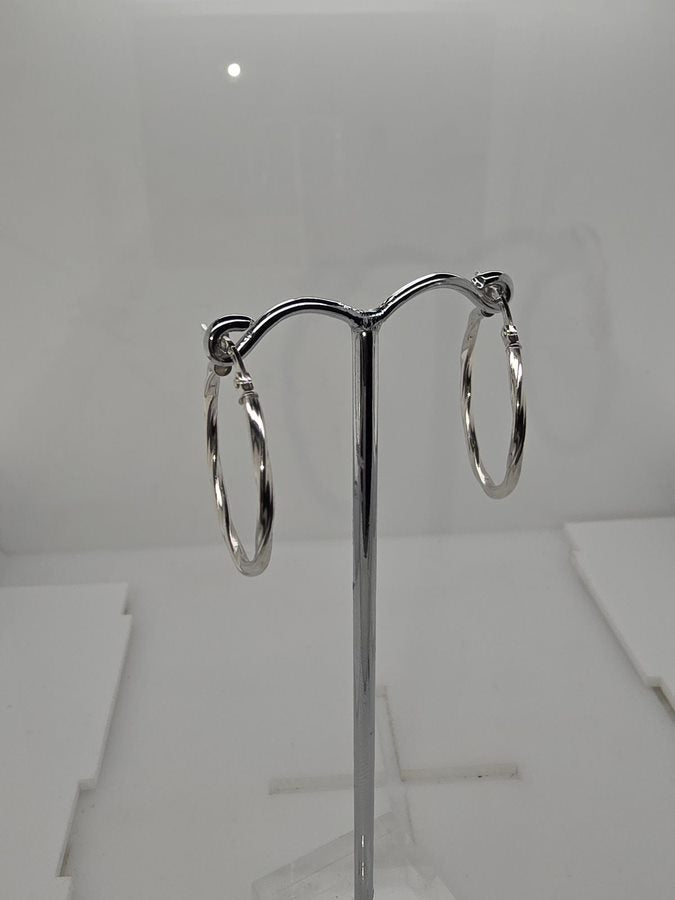 18CT WHITE GOLD IMPORTED 1.6 X 20MM TWIST HOOP EARRINGS