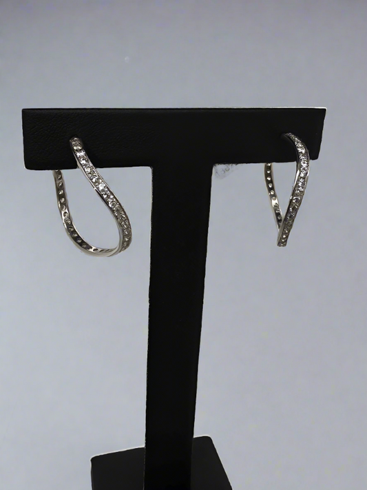 18CT WHITE GOLD IMPORTED CUBIC ZIRCONIA WAVE HOOP STUD EARRINGS