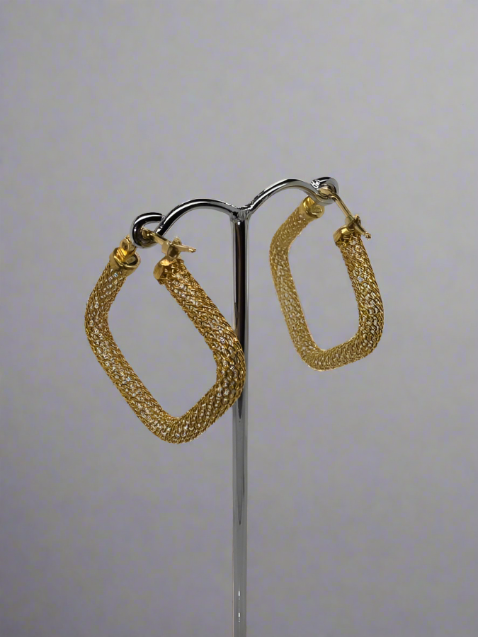 18CT YELLOW GOLD ITALIAN FANCY MESH HOOP EARRINGS 5.2GRAMS