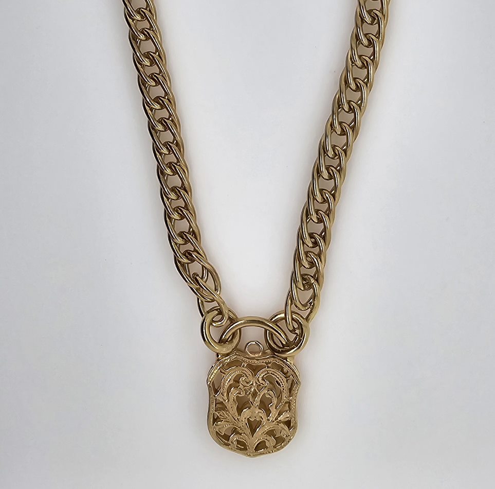 9CT YELLOW GOLD SOLID 45CM 57.4 GRAM DOUBLE CURB CHAIN WITH FILIGREE FANCY PADLOCK PADLOCK.