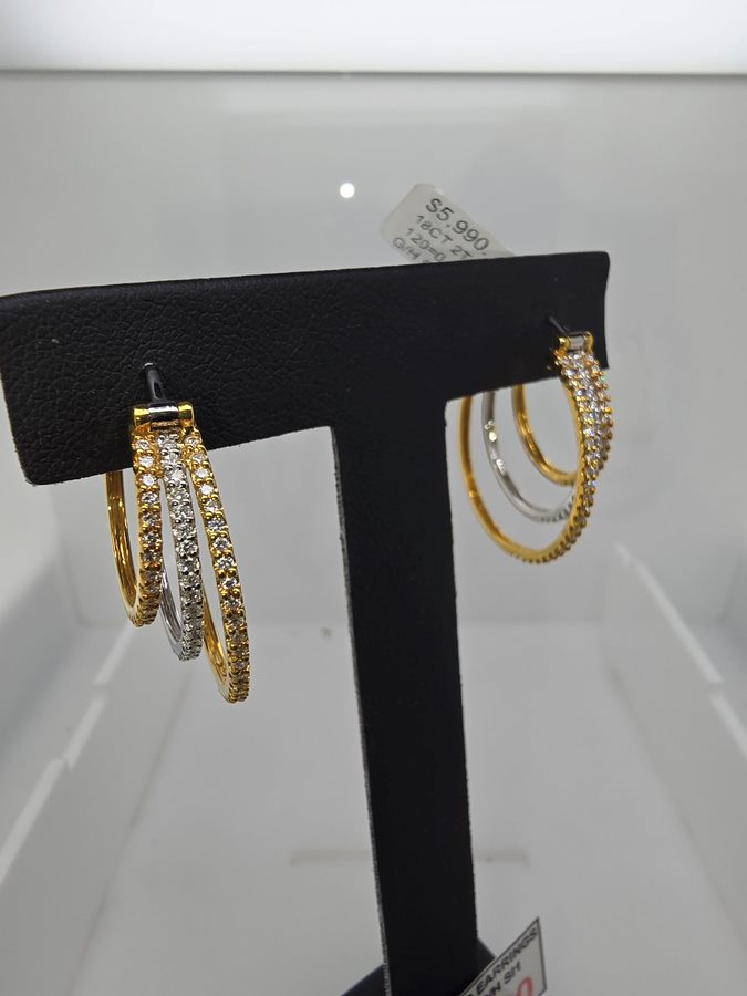 18CT TWO-TONE 3 HOOP CLAW SET DIAMOND EARRINGS