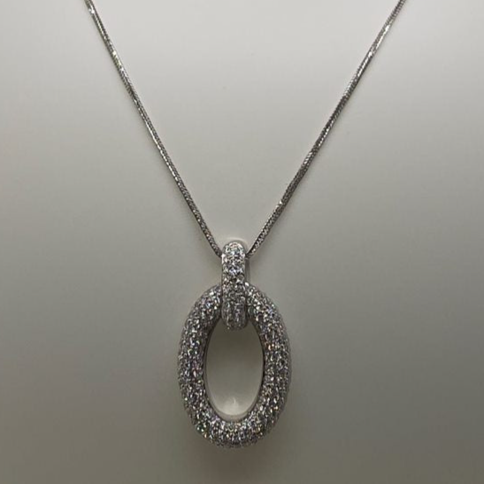 18CT WHITE GOLD DIAMOND OVAL PAVE SET PENDANT