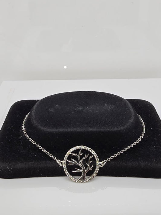 9CT WHITE GOLD 18CM IMPORTED TRACE CHAIN WITH CUBIC ZIRCONIA TREE OF LIFE BRACELET