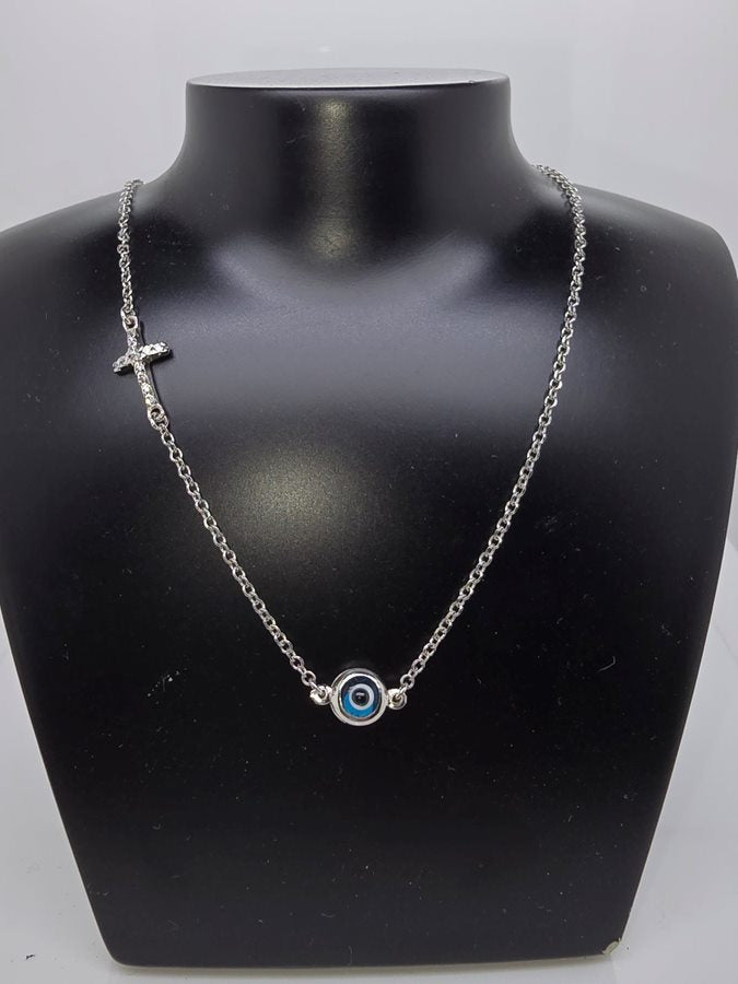 9CT WHITE GOLD IMPORTED CUBIC ZIRCONIA CROSS AND EVIL EYE NECKLACE