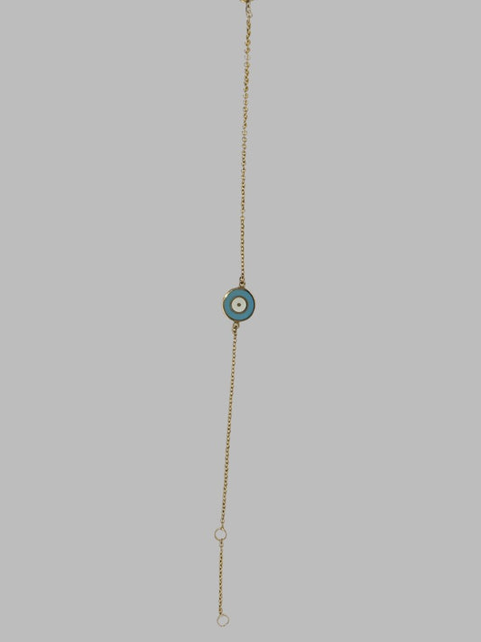 9CT YELLOW GOLD IMPORTED 18CM TRACE BRACELET WITH ENAMAL EYE CHARM.