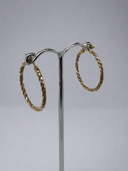 9CT THREE TONE TWIST HOOP EARRINGS