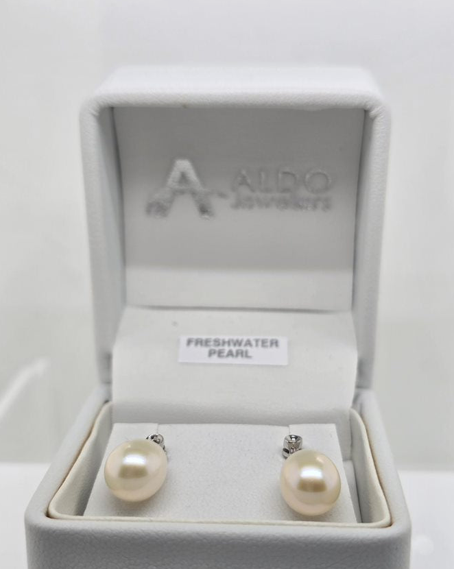 9CT WHITE GOLD DIAMOND AND PEARL DROP EARRINGS