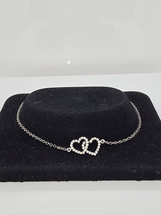 9CT WHITE GOLD 16-19CM IMPORTED CUBIC ZIRCONIA DOUBLE HEART BRACELET