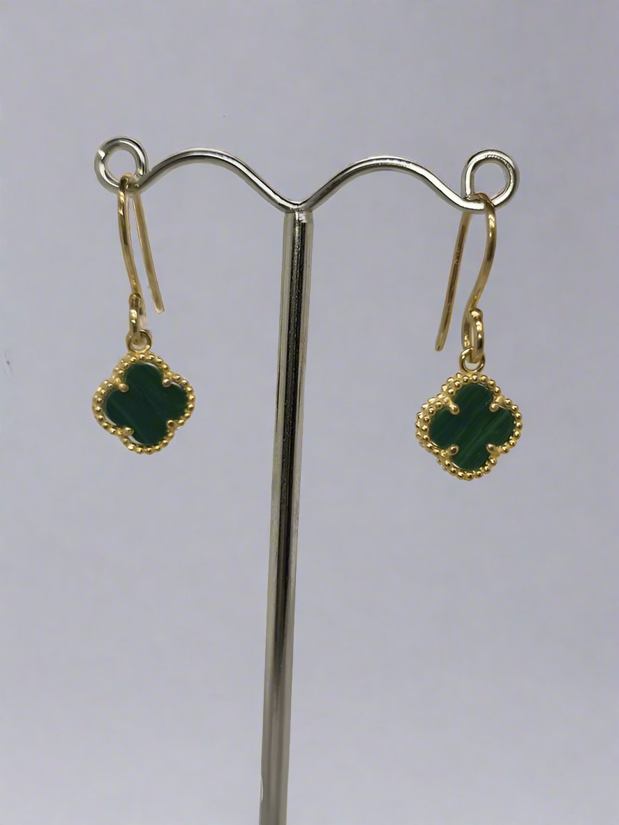 9CT YELLOW GOLD IMPORTED CLOVER MALACHITE DROP HOOK EARRINGS