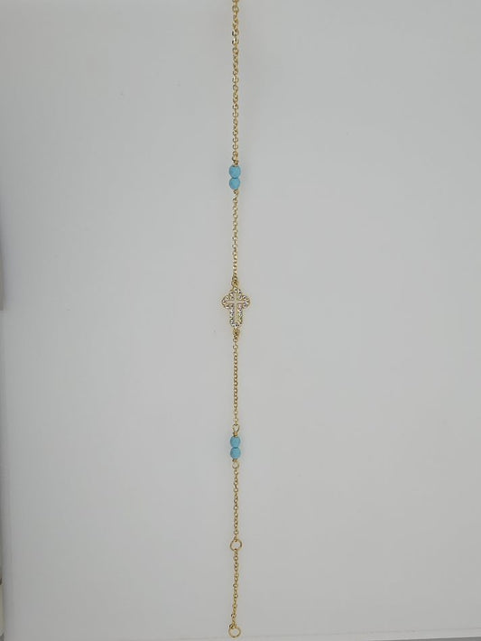 9CT YELLOW GOLD 16-19CM IMPORTED CUBIC ZIRCONIA OPEN CROSS WITH BLUE BEADS BRACELET