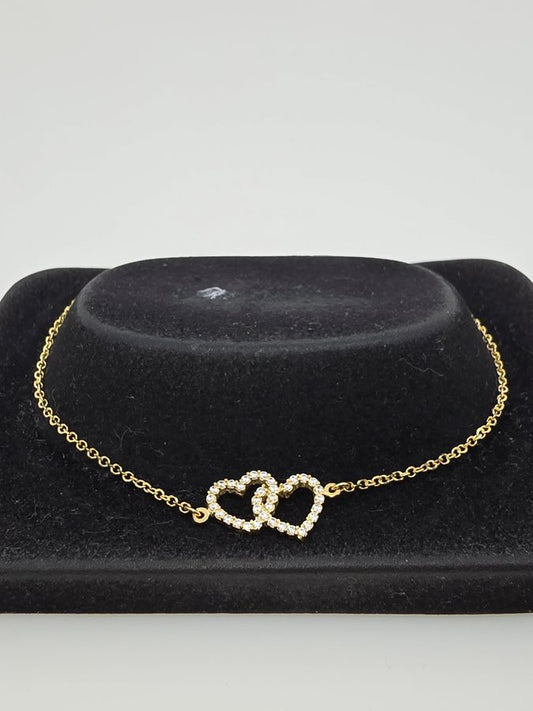 9CT YELLOW GOLD IMPORTED CUBIC ZIRCONIA DOUBLE OPEN HEARTS BRACELET