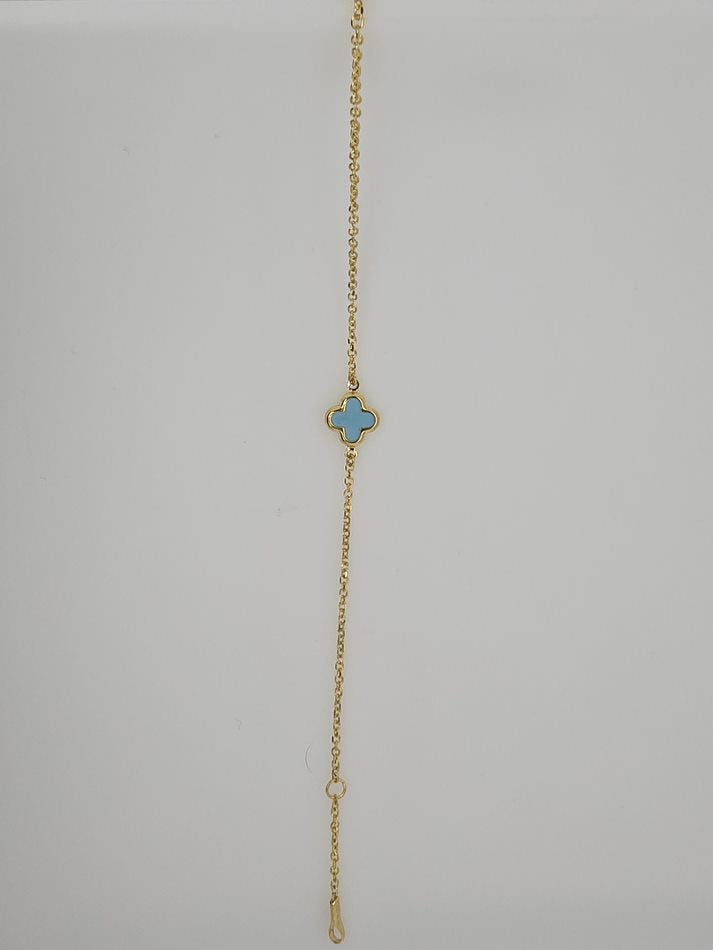 9CT YELLOW GOLD 16-19CM IMPORTED TURQUOISE CLOVER BRACELET.