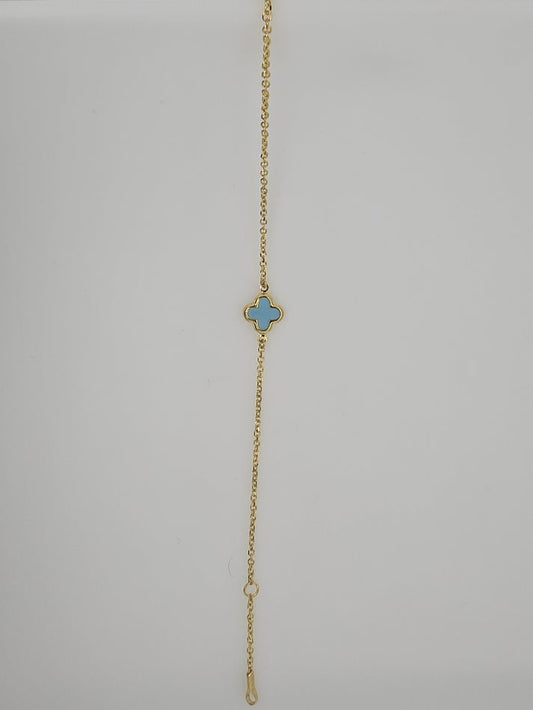 9CT YELLOW GOLD 16-19CM IMPORTED TURQUOISE CLOVER BRACELET.