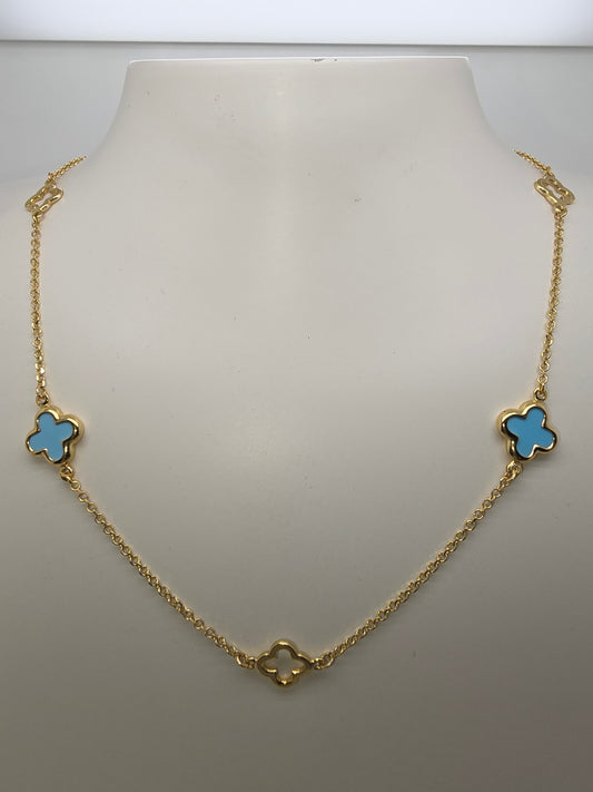 9CT YELLOW GOLD IMPORTED 45CM TURQUOISE AND OPEN CLOVER NECKLACE