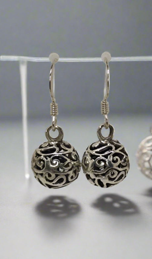 STERLING SILVER 10MM FILIGREE BALL HOOK EARRINGS