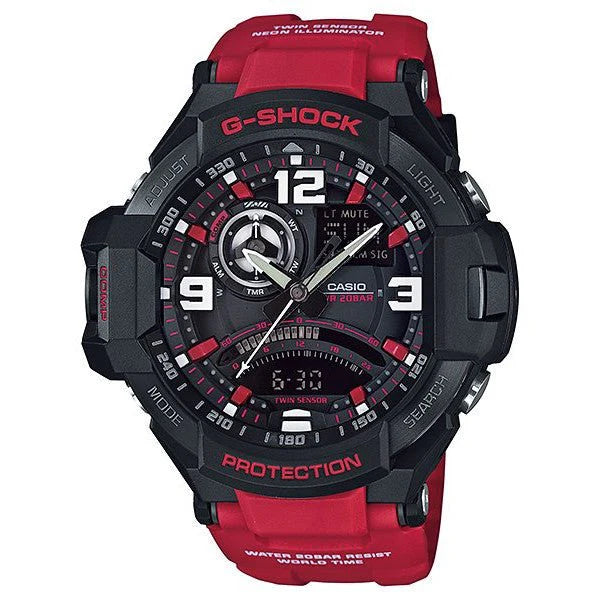 G-SHOCK WATCH GRAVITY TWIN SENSOR COMPASS, BAROMETER, ALARM BLACK FACE RED RESIN BAND. GA1000-4B