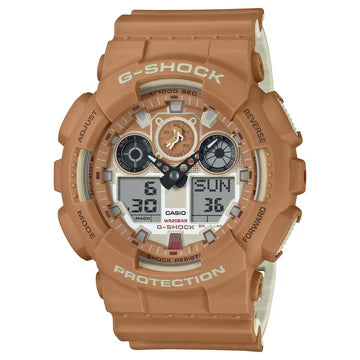 G-SHOCK DUO STOPWATCH, WORLDTIME, ALARM, 200M WR BROWN FACE AND BROWN RESIN BAND. GA100SHB-5A