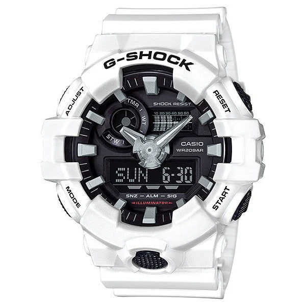 CASIO G-SHOCK DUO WORLDTIME, ALARM, STOPWATCH 200M WR BLACK FACE WHITE RESIN BAND. GA700-7A