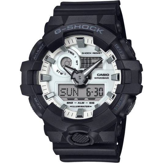 G-SHOCK DUO BLACK AND WHITE FACE STOPWATCH, WORLDTIME, 200M WR BLACK RESIN BAND. GA700WD-1A