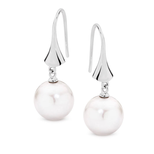 STERLING SILVER RHODIUM PLATED 12MM ROUND EDISON FRESHWATER CULTURED PEARL HOOK EARRINGS
