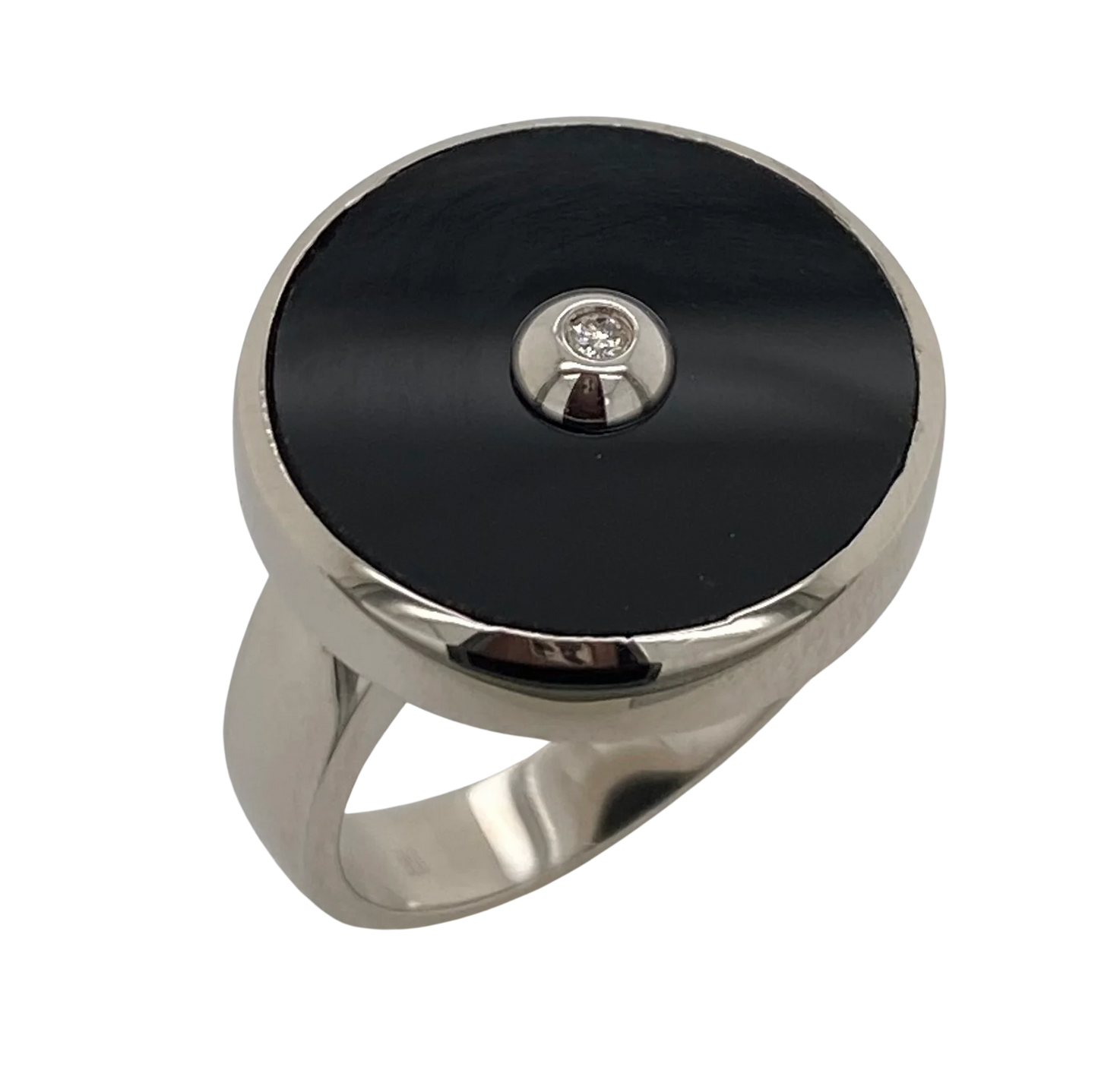 STERLING SILVER 15MM ROUND ONYX AND DIAMOND RING