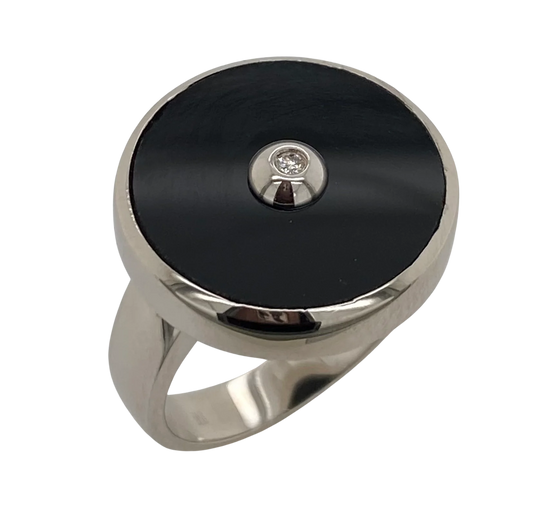 STERLING SILVER 15MM ROUND ONYX AND DIAMOND RING