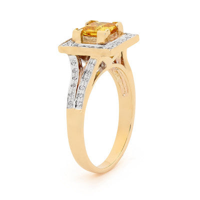 9CT YELLOW GOLD CITRINE CUBIC ZIRCONIA AND HALORING