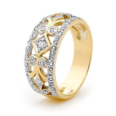 9CT YELLOW GOLD DIAMOND RING TDW= 0.13CT WITH SWIRL PATTERN