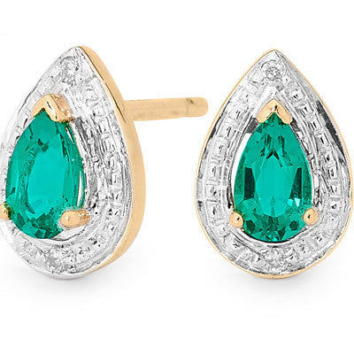 9CT YELLOW GOLD EMERALD AND DIAMOND STUD EARRINGS