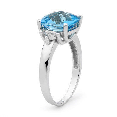 9CT WHITE GOLD CUSHION CUT BLUE TOPAZ AND DIAMOND RING