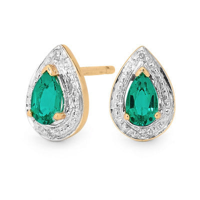 9CT YELLOW GOLD EMERALD AND DIAMOND STUD EARRINGS