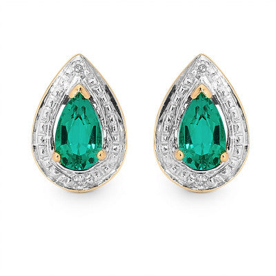 9CT YELLOW GOLD EMERALD AND DIAMOND STUD EARRINGS