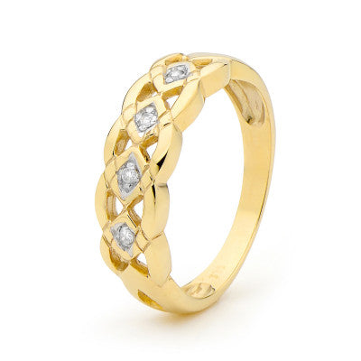 9CT YELLOW GOLD PLAIT DIAMOND RING.