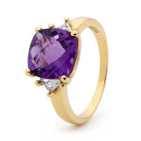 9CT YELLOW GOLD AMETHYST AND DIAMOND RING