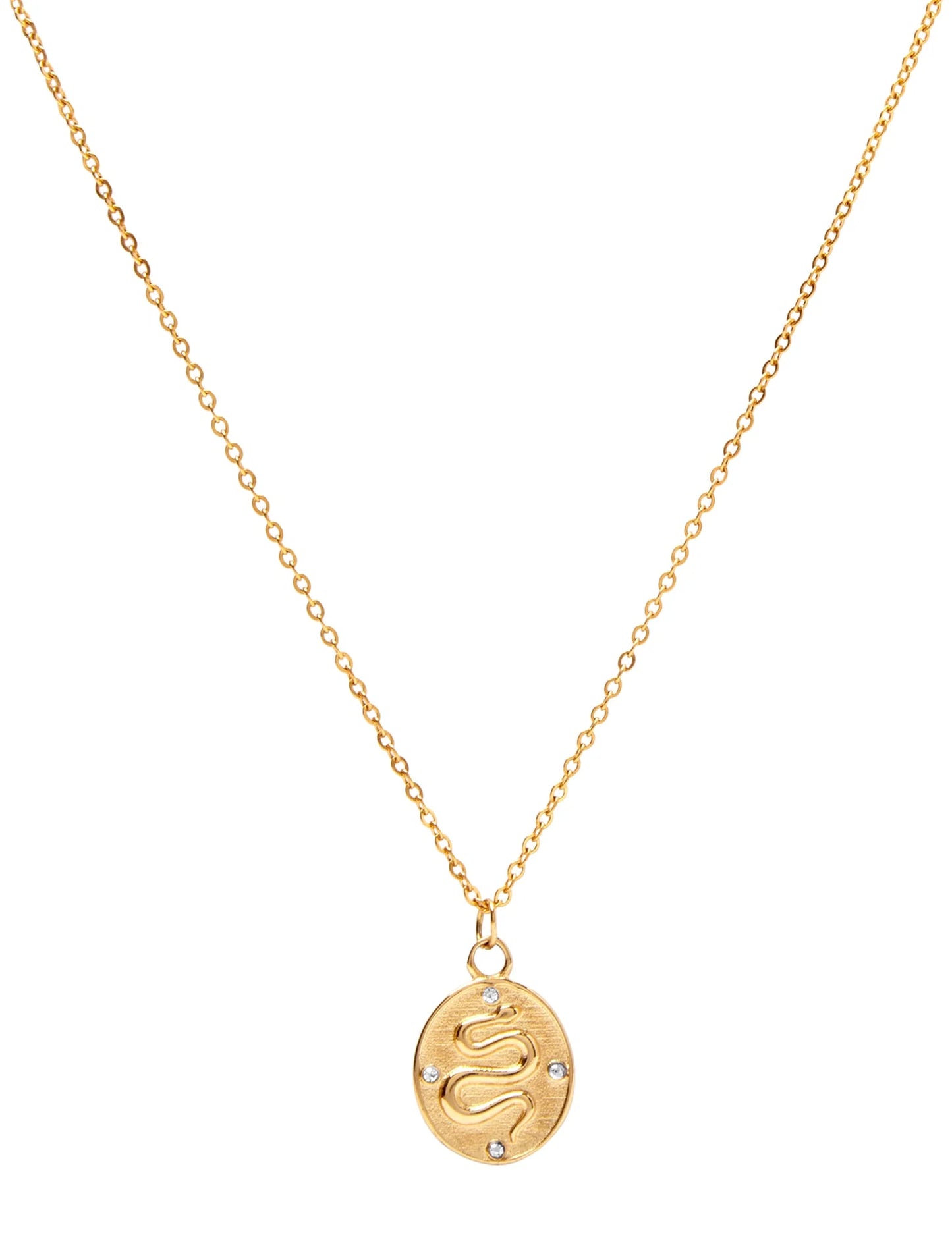 PASTICHE STAINLESS STEEL GOLD PLATED ERIS NECKLACE WITH SNAKE AND CUBIC ZIRCONIA OVAL PENDANT