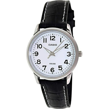 CASIO WATCH ANALOGUE WHITE FACE BLACK LEATHER BAND.