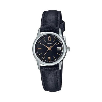 CASIO WATCH SILVER COLOUR BACK FACE ANALOGUE BLACK LEATHER BAND. LTPV002L-1B3