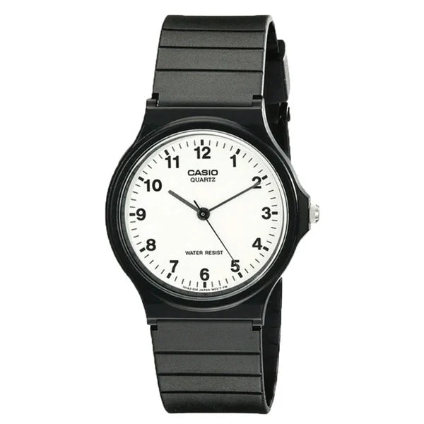 CASIO WATCH WHITE FACE ANALOGUE BLACK RESIN BAND. MQ24-7B