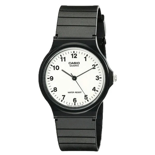 CASIO WATCH WHITE FACE ANALOGUE BLACK RESIN BAND. MQ24-7B