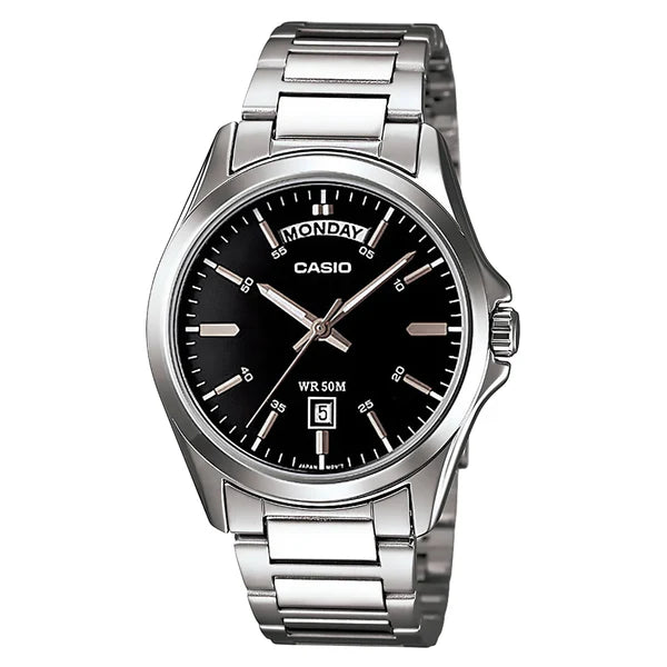 CASIO WATCH BLACK DIAL STAINLESS STEEL BAND. MTP1370-1A1