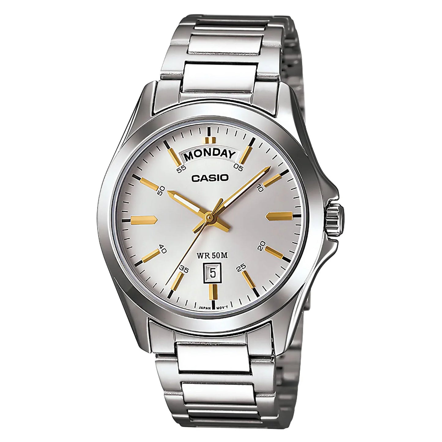 CASIO ANALOGUE WATCH TWO TONE DAY/DATE DISPLAY 50M WATER RESISTANT WHITE FACE STAINLESS STEEL BAND. MTP1370D-7A2