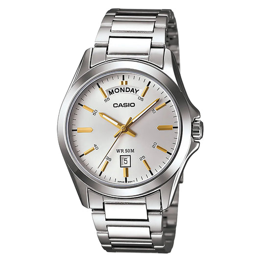 CASIO ANALOGUE WATCH TWO TONE DAY/DATE DISPLAY 50M WATER RESISTANT WHITE FACE STAINLESS STEEL BAND. MTP1370D-7A2