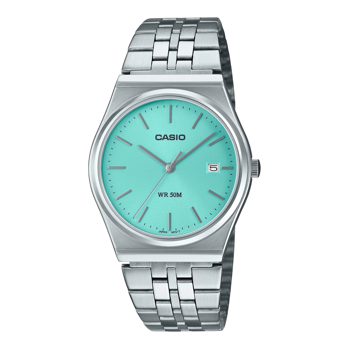 CASIO WATCH ANALOGUE 50M WATER RESISTANT, BLUE FACE WITH DATE STAINLESS STEEL BAND. MTPB145D-2A1