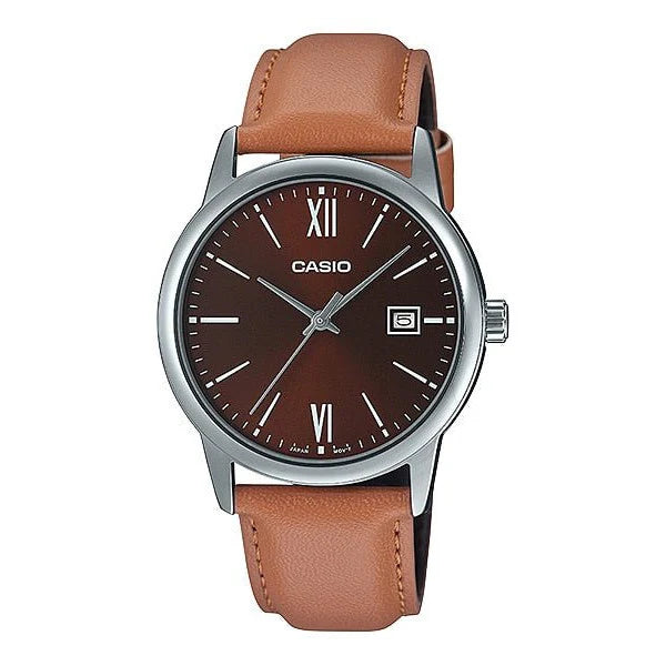 CASIO ANALOGUE WATCH BROWN DIAL WITH TAN LEATHER BAND. MTPV002L-5B3