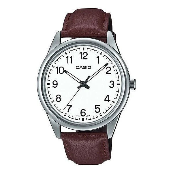 CASIO WATCH ANALOGUE WHITE DIAL BROWN LEATHER BAND. MTPV005L-7B4