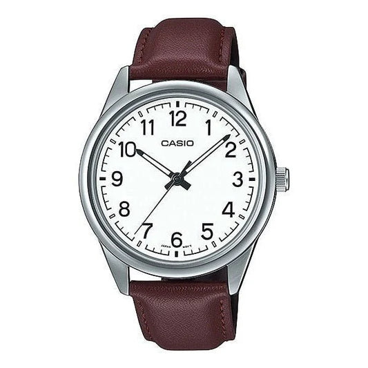 CASIO WATCH ANALOGUE WHITE DIAL BROWN LEATHER BAND. MTPV005L-7B4