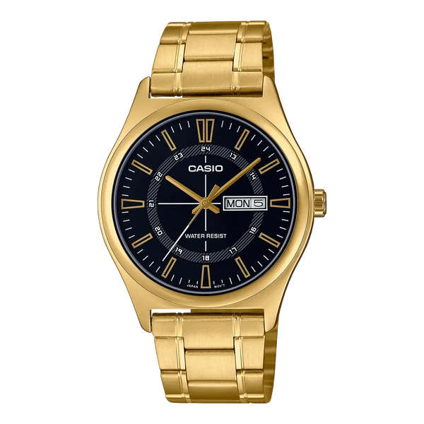 CASIO WATCH ANALOGUE GOLD PLATED BLACK FACE WITH DAY/DATE. MTPV006G-1C