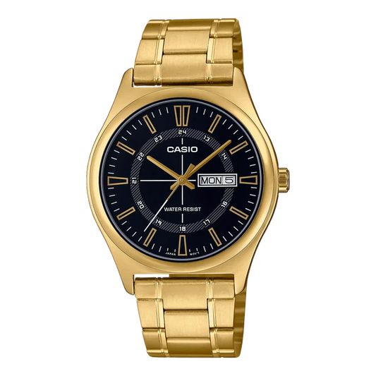 CASIO WATCH ANALOGUE GOLD PLATED BLACK FACE WITH DAY/DATE. MTPV006G-1C