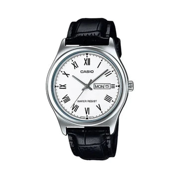 CASIO WATCH ANALOGUE  ROMAN NUMERALS BLACK LEATHER BAND MTPV006L-7B.